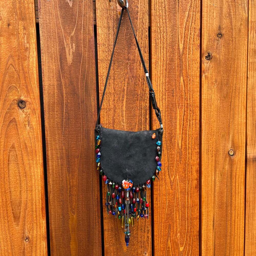 Vintage Suede Leather Beaded Fringe Bag